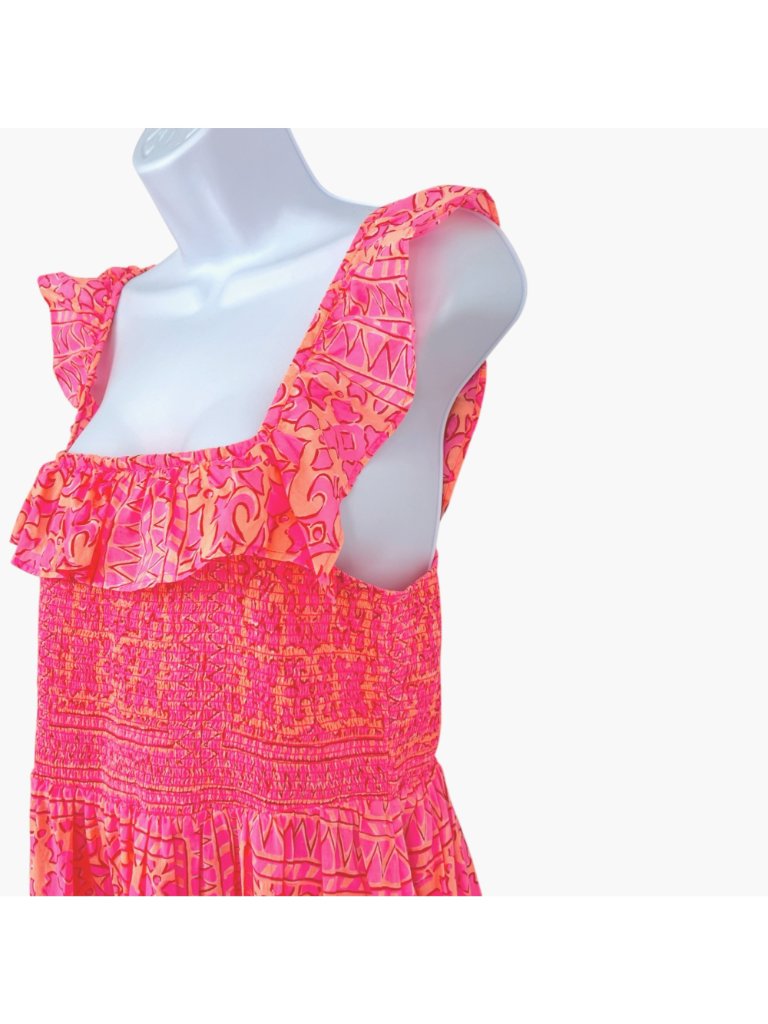 Vineyard Vines Neon Tortola Smocked Midi Dress Vibrant Pink Orange Size Medium — image 3 of 8